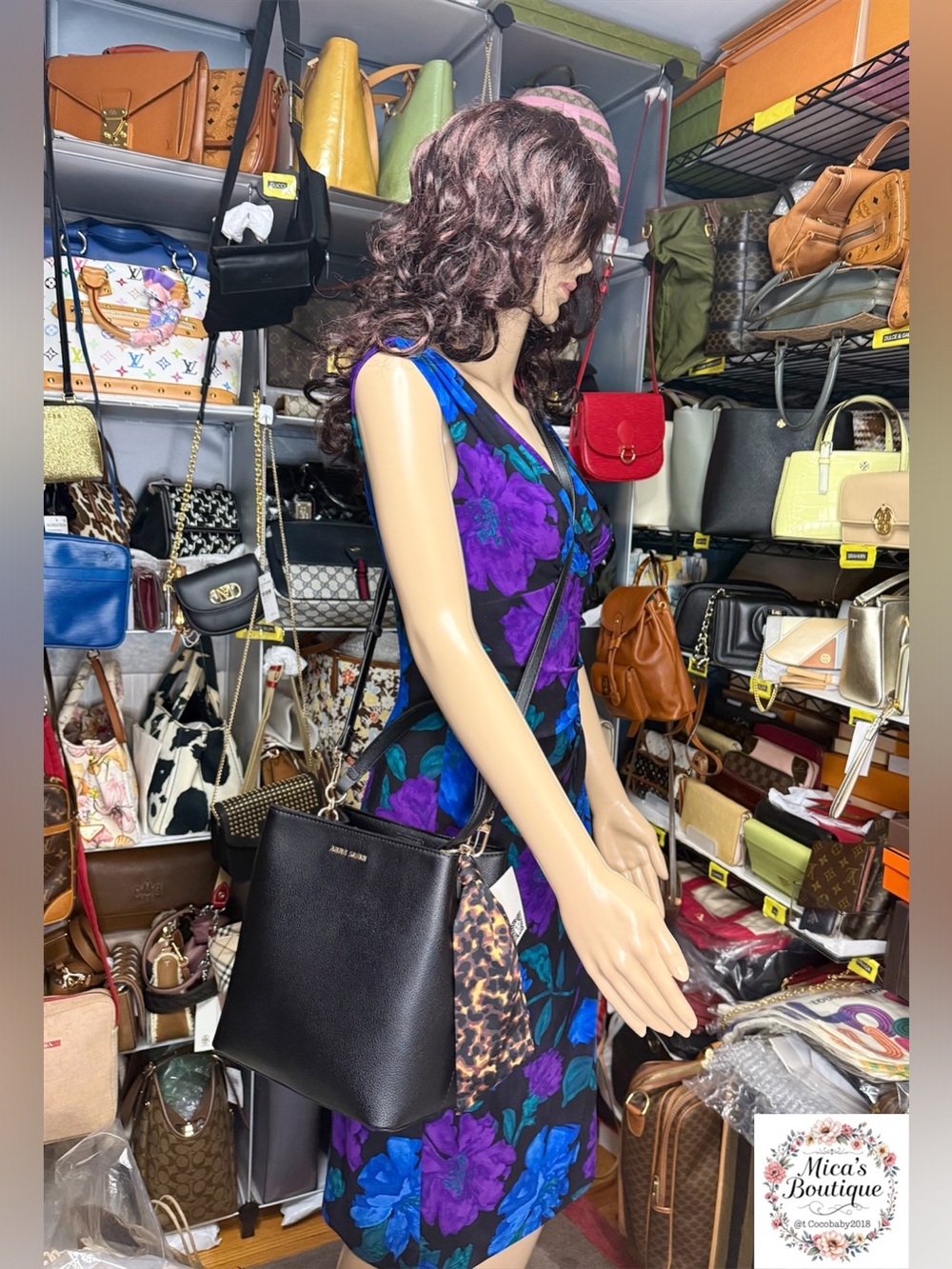 🆕ANNE KLEIN Black Pebbled Leather Shoulder Bag with Scarf Accent - Picture 5 of 16